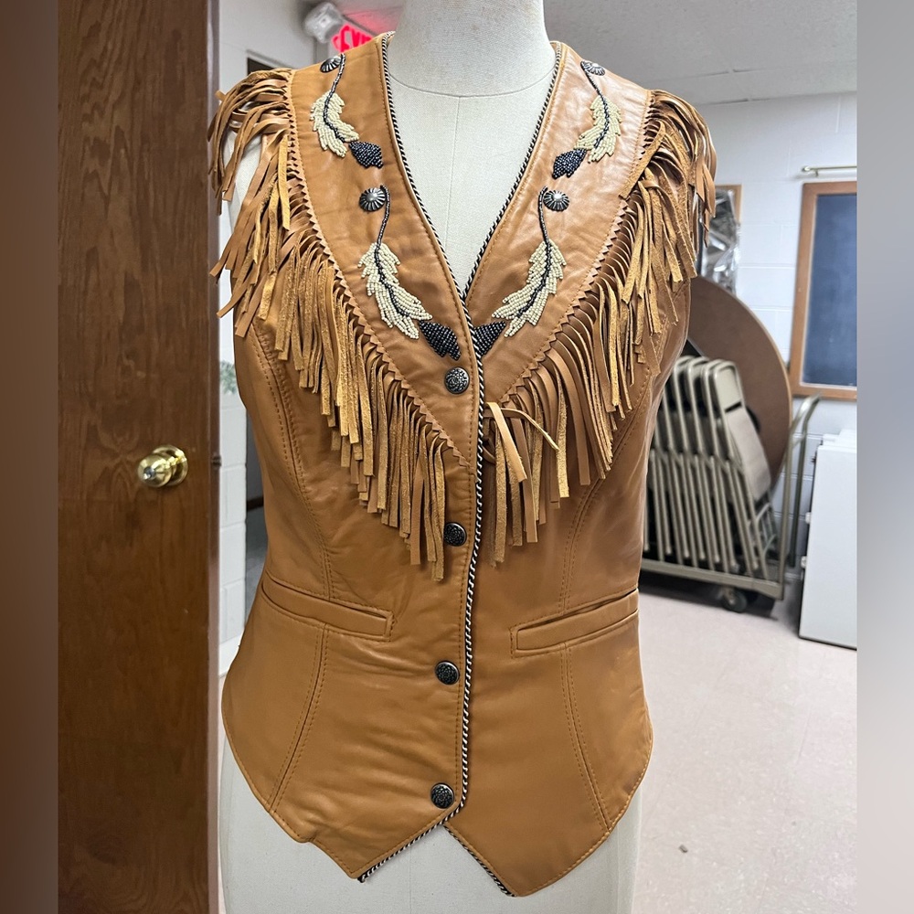 Tan Fringed leather Women's Vest with beaded embroidery